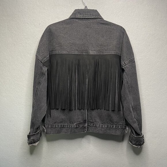 Tov Noir Womens Fringe Back Gray Denim Jacket Size 38 Button-Front - Picture 3 of 9